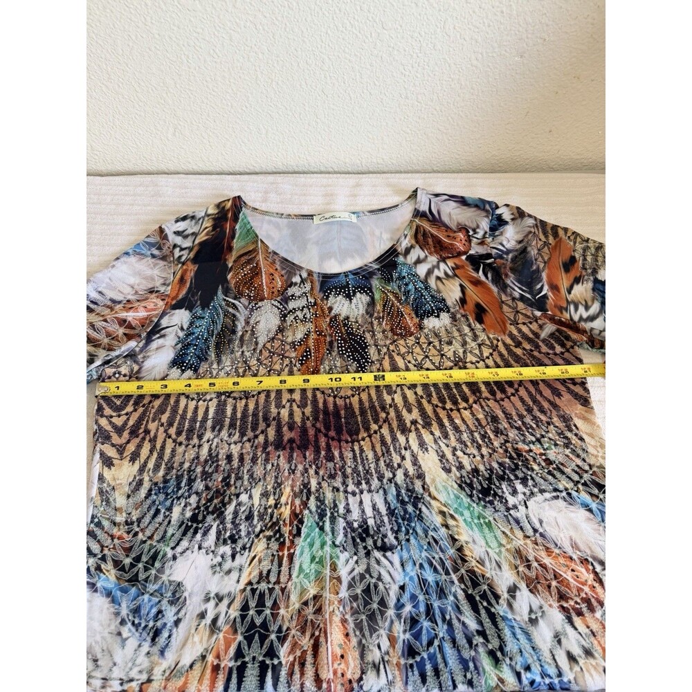 Cactus Women's L Feather Print Tunic Top Long Sleeve Rhinestone Boho Blouse - Picture 10 of 15